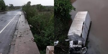 Caminhão cai de ponte e duas pessoas ficam feridas na BR 343, em Jerumenha