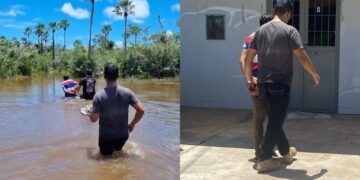 Policiais atravessam riacho para prender suspeito de tentar matar o próprio cunhado em José de Freitas