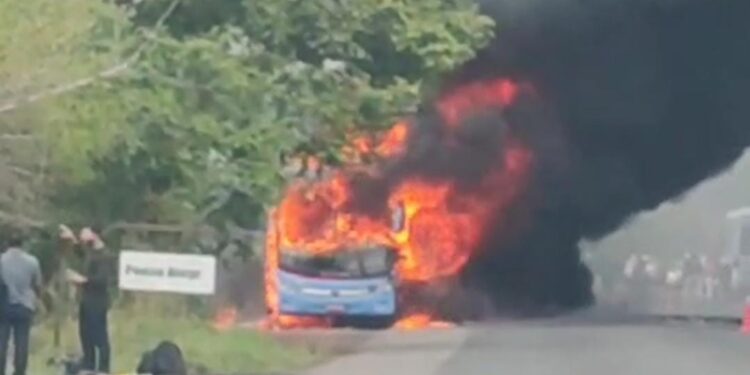 Ônibus da Guanabara fica destruído após pegar fogo na BR-343 em Teresina