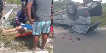 Motorista capota carro ao bater em poste e deixa feridos nas proximidades da UFPI