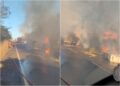 Carreta com carga inflamável tomba e pega fogo na BR-230 em Oeiras