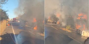 Carreta com carga inflamável tomba e pega fogo na BR-230 em Oeiras