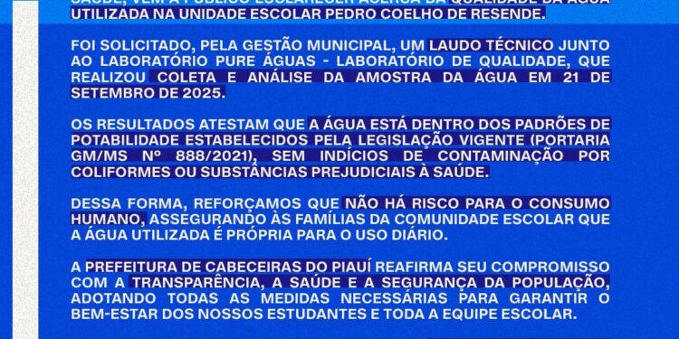 Relatório aponta que água de escola na zona rural de Cabeceiras não apresenta contaminação