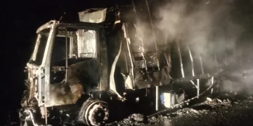 Caminhão baú é completamente destruído após incêndio na BR-343, em Floriano