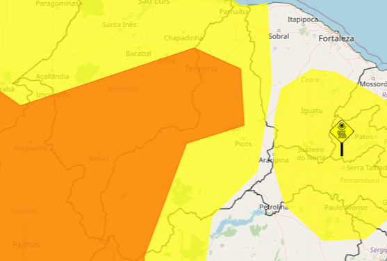 Previsão do tempo mostra dois alertas de perigo de chuvas intensas para todo o Piauí nesta sexta-feira