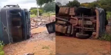 Carreta que transportava carga de madeira tomba na zona rural de São Braz do Piauí