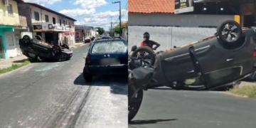 Carro capota após motorista perder controle ao cruzar trilhos em Teresina