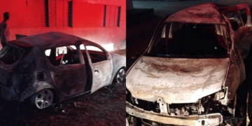 Carro pega fogo e fica destruído dentro de condomínio na zona Leste de Teresina